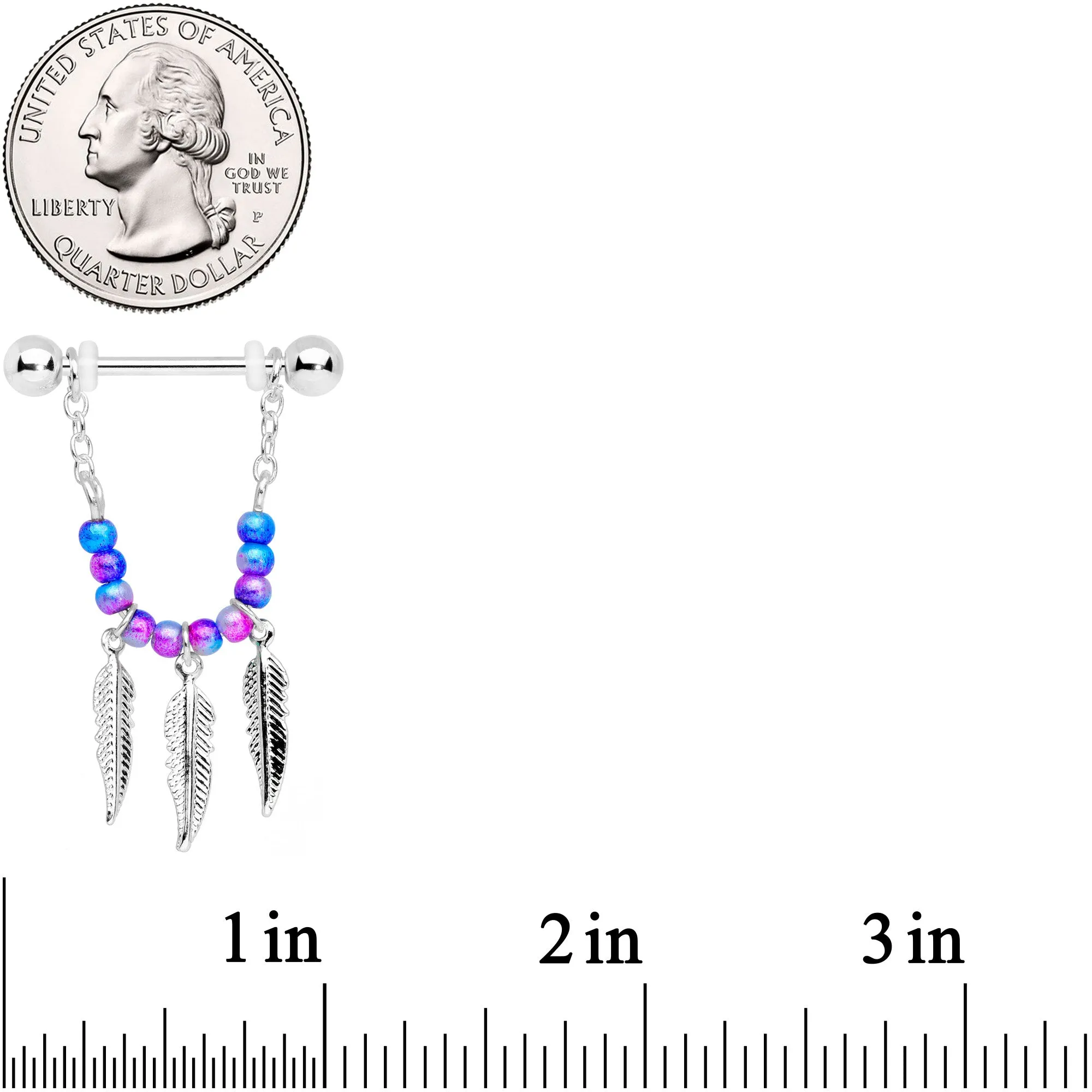 14 Gauge 1/2 Blue Purple Bead Feather Dangle Nipple Ring Set