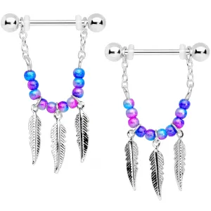 14 Gauge 1/2 Blue Purple Bead Feather Dangle Nipple Ring Set