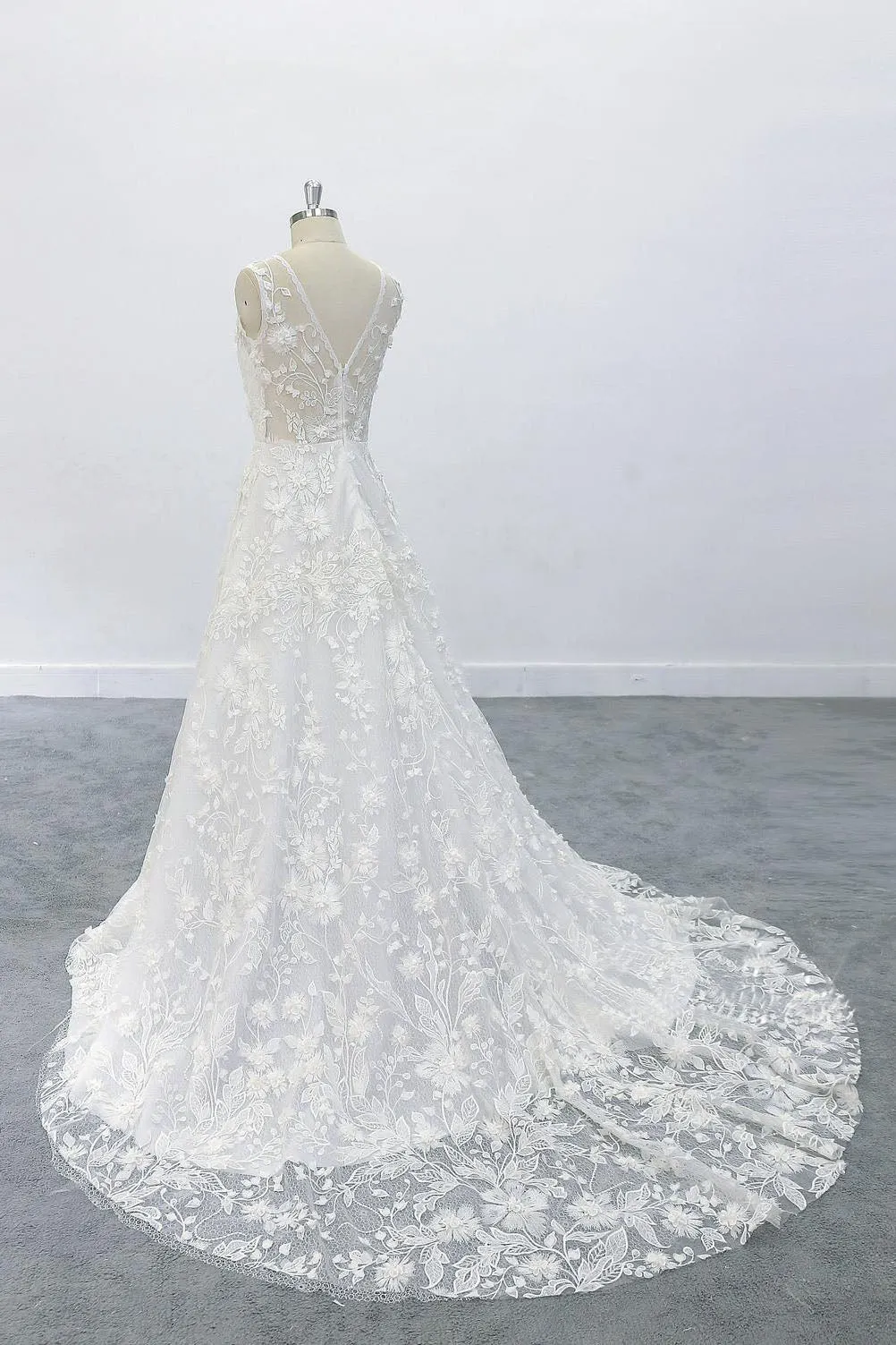 3D Flowers A-line Round Neck Wedding Dress with V Back Lace Bridal Dress OKU68