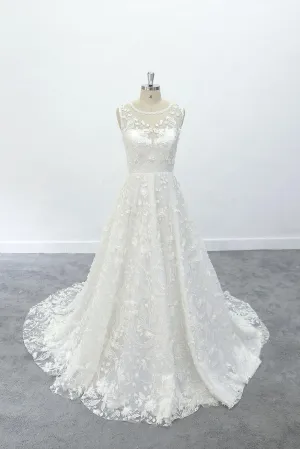 3D Flowers A-line Round Neck Wedding Dress with V Back Lace Bridal Dress OKU68