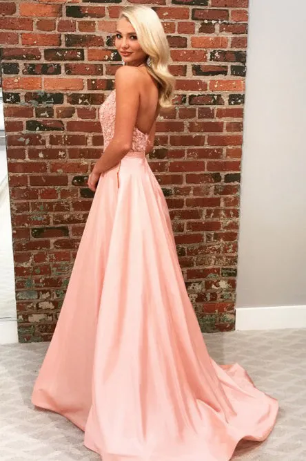 A-Line Halter Backless Sweep Train Pink Prom Dresses with Appliques OKN21