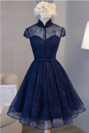 A-line High Neck Short Sleeve Knee-length Navy Blue Lace Homecoming Dresses OK507