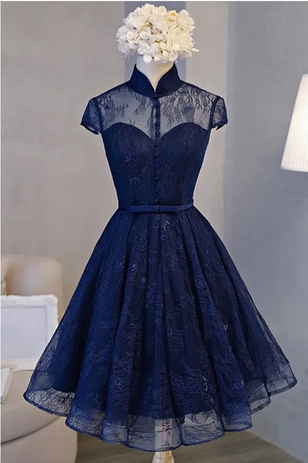 A-line High Neck Short Sleeve Knee-length Navy Blue Lace Homecoming Dresses OK507