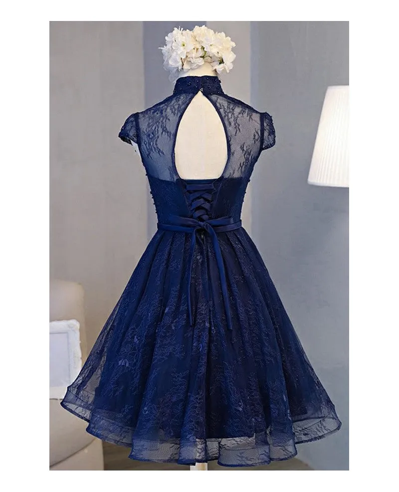 A-line High Neck Short Sleeve Knee-length Navy Blue Lace Homecoming Dresses OK507