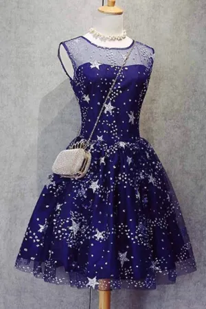 A Line Knee Length Beading Royal Blue Homecoming Dress,Short Bling Prom Dresses OK489