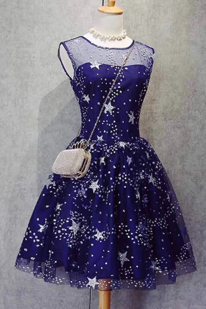 A Line Knee Length Beading Royal Blue Homecoming Dress,Short Bling Prom Dresses OK489