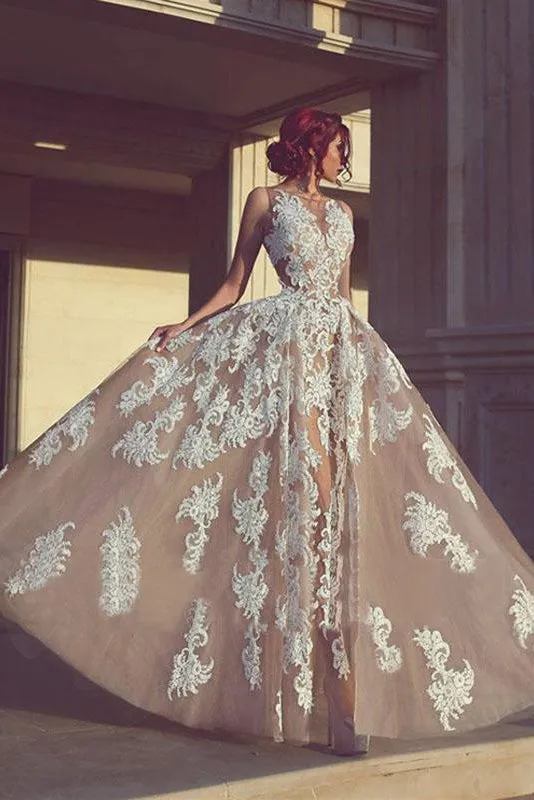A-line Long Appliques Wedding Dresses,Charming Sleeveless Prom Dress OK779