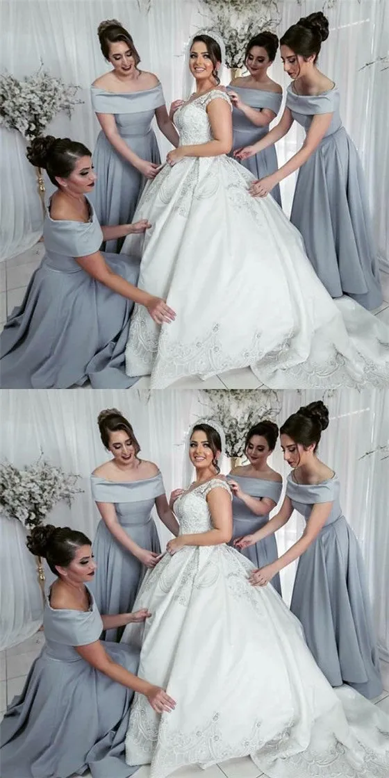 A-Line Off Shoulder Long Cheap Grey Satin Bridesmaid Dresses Online, QB0021