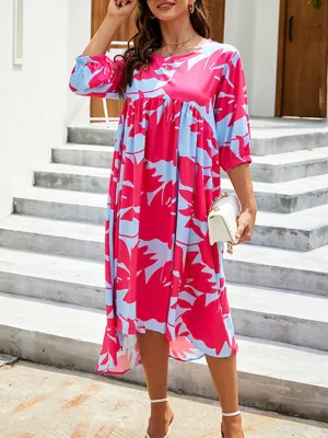 Abstract Floral Print Loose Fit Dress with High-Low Hem