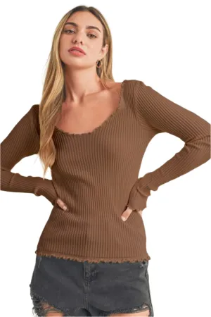 Aemi   Co Lettuce Hem Scoop Neck Long Sleeve Knit Top