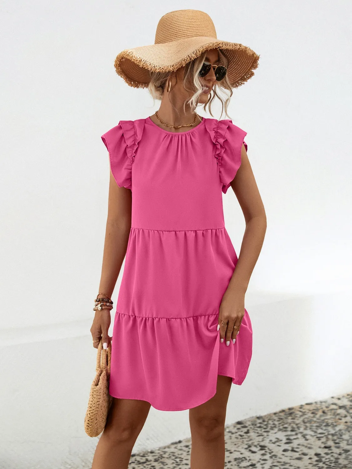 Amanda Ruffled Round Neck Cap Sleeve Mini Dress