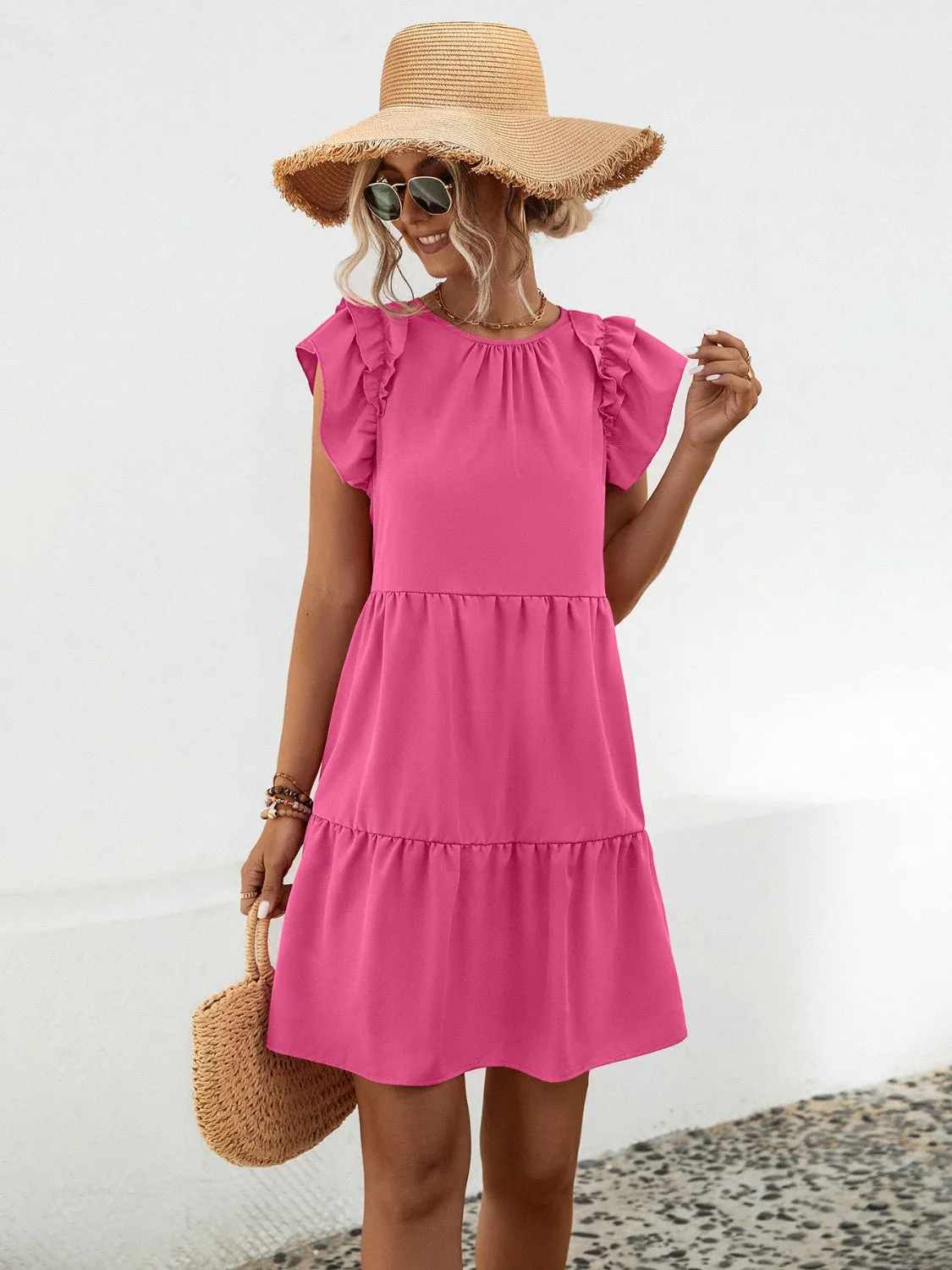 Amanda Ruffled Round Neck Cap Sleeve Mini Dress