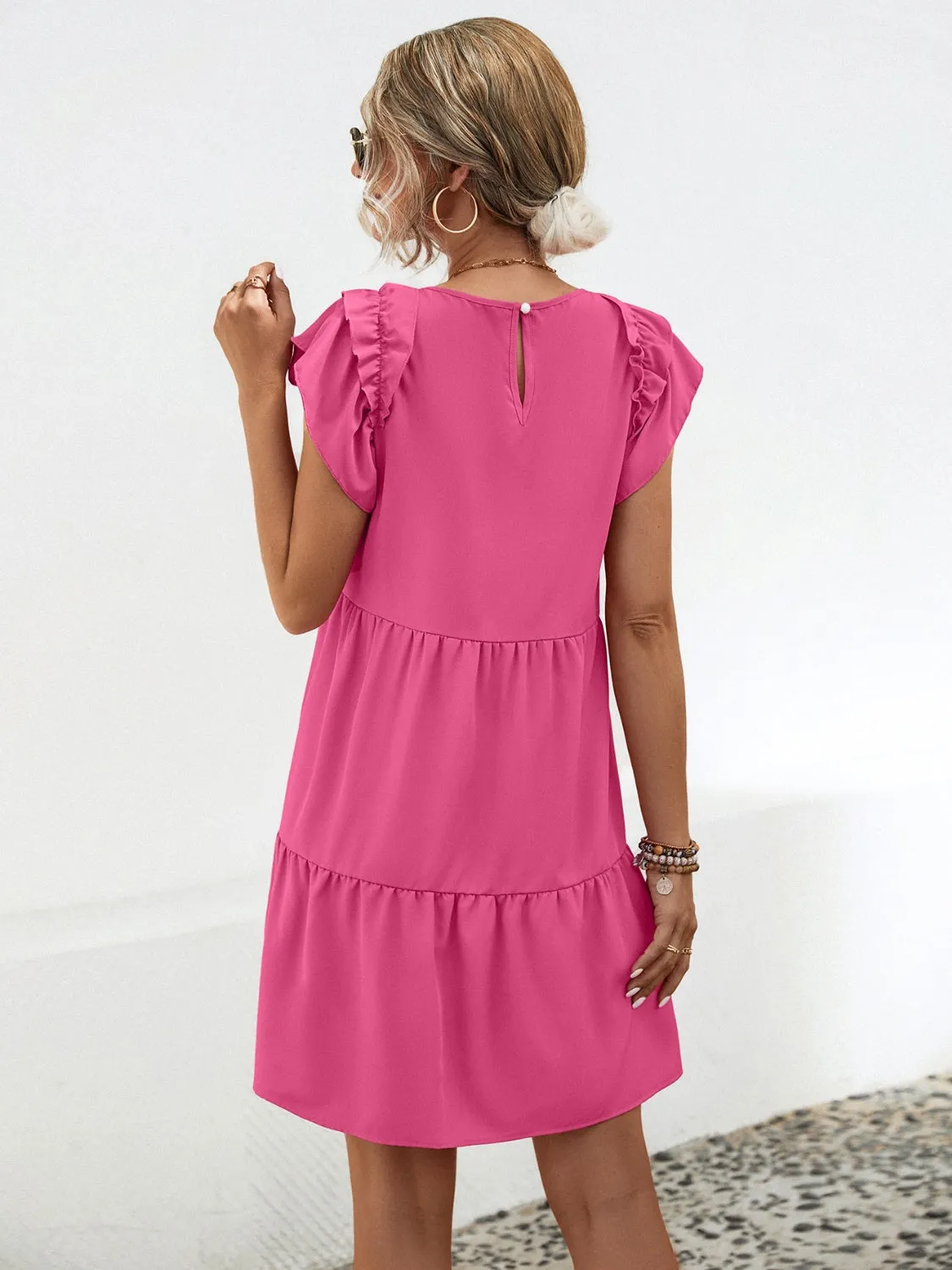 Amanda Ruffled Round Neck Cap Sleeve Mini Dress