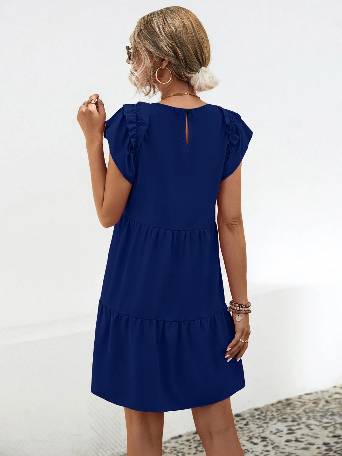 Amanda Ruffled Round Neck Cap Sleeve Mini Dress