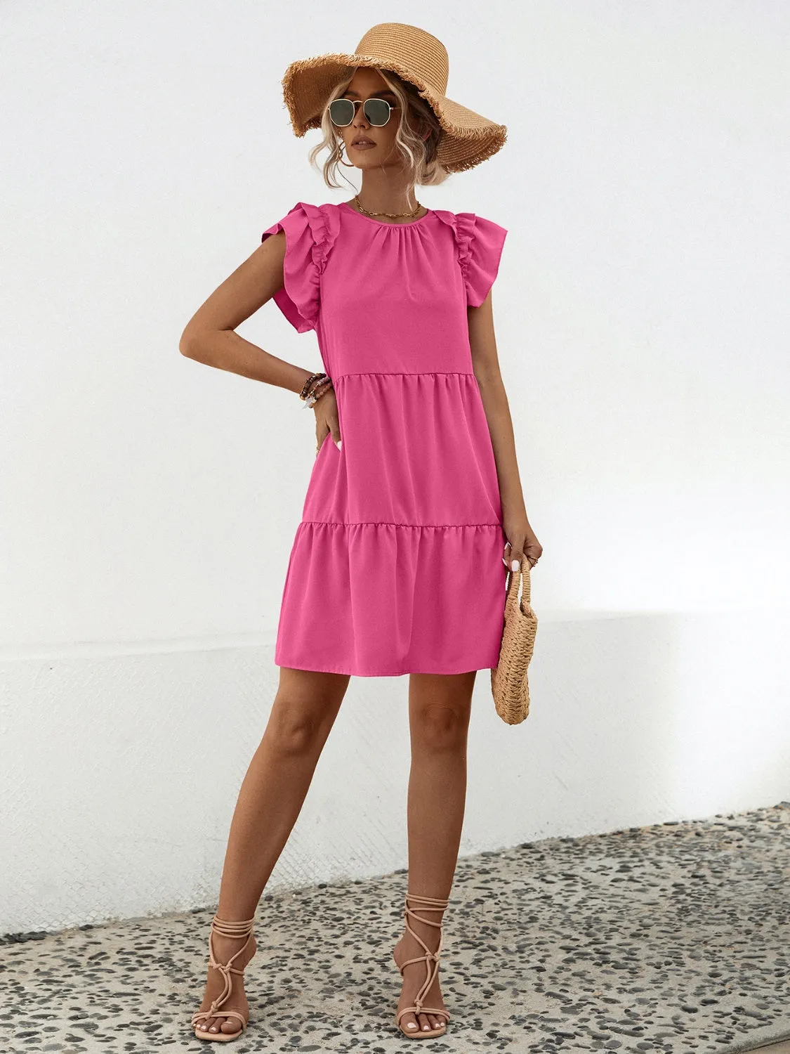 Amanda Ruffled Round Neck Cap Sleeve Mini Dress