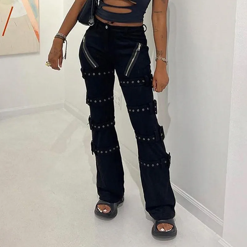 American Street Heavy Industry Eyelet Zipper Dark Style Jeans Women's Low Waist Niche Personality Fried Street TrousersinsTide
