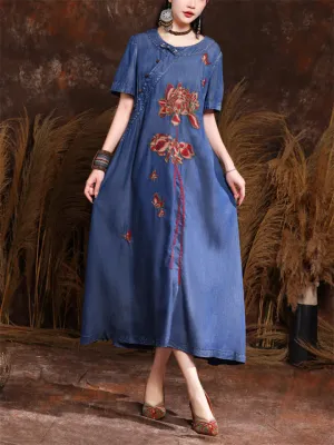 Ancient Style Red Lotus Embroidery Short Sleeve Dress for Women