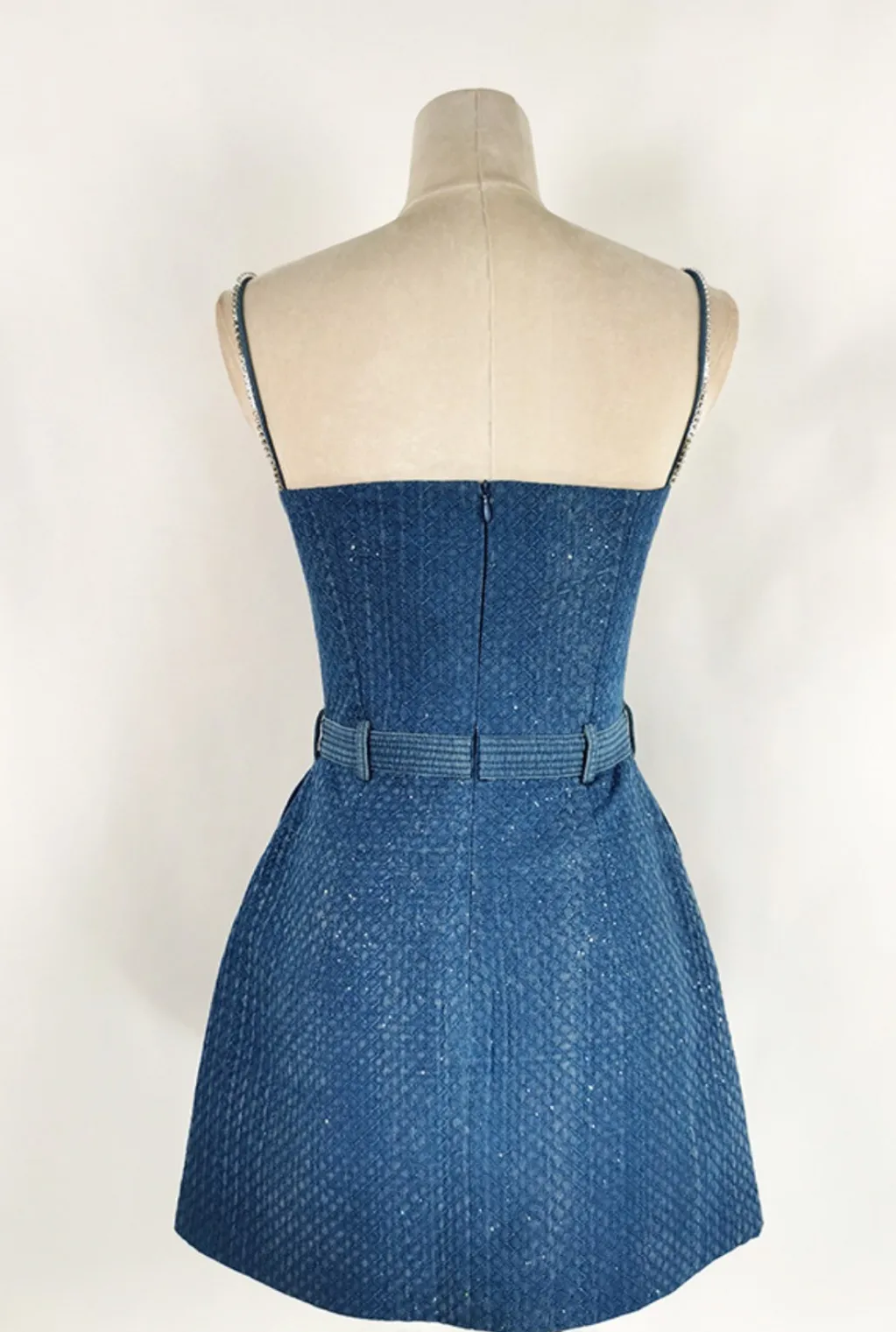 ANDREA DENIM RHINESTONE SUSPENDER MINI DRESS IN BLUE
