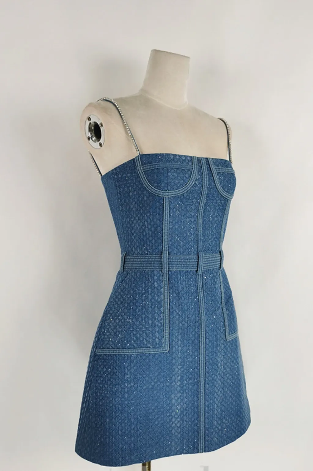 ANDREA DENIM RHINESTONE SUSPENDER MINI DRESS IN BLUE