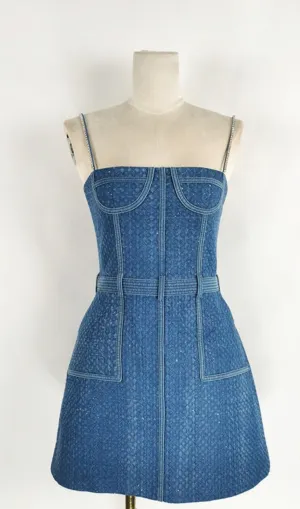 ANDREA DENIM RHINESTONE SUSPENDER MINI DRESS IN BLUE