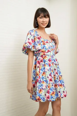 ANYA Pleated Puff-Sleeve Floral Dress (Blue Violet)