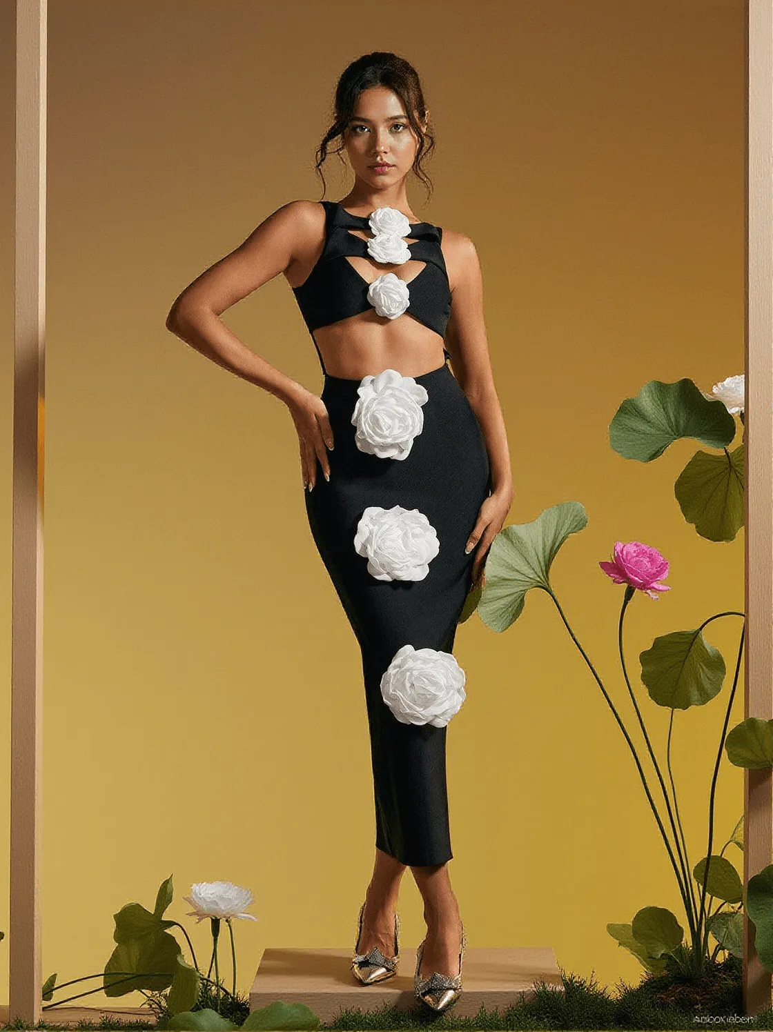 Atreyu Sleeveless Flower Cutout Bandage Midi Dress
