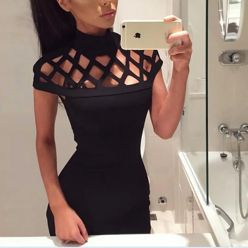 Autumn Women Dress Hollow Out Bodycon Dress Bandage Slim Night Club Party Dresses Dress LJ5669R