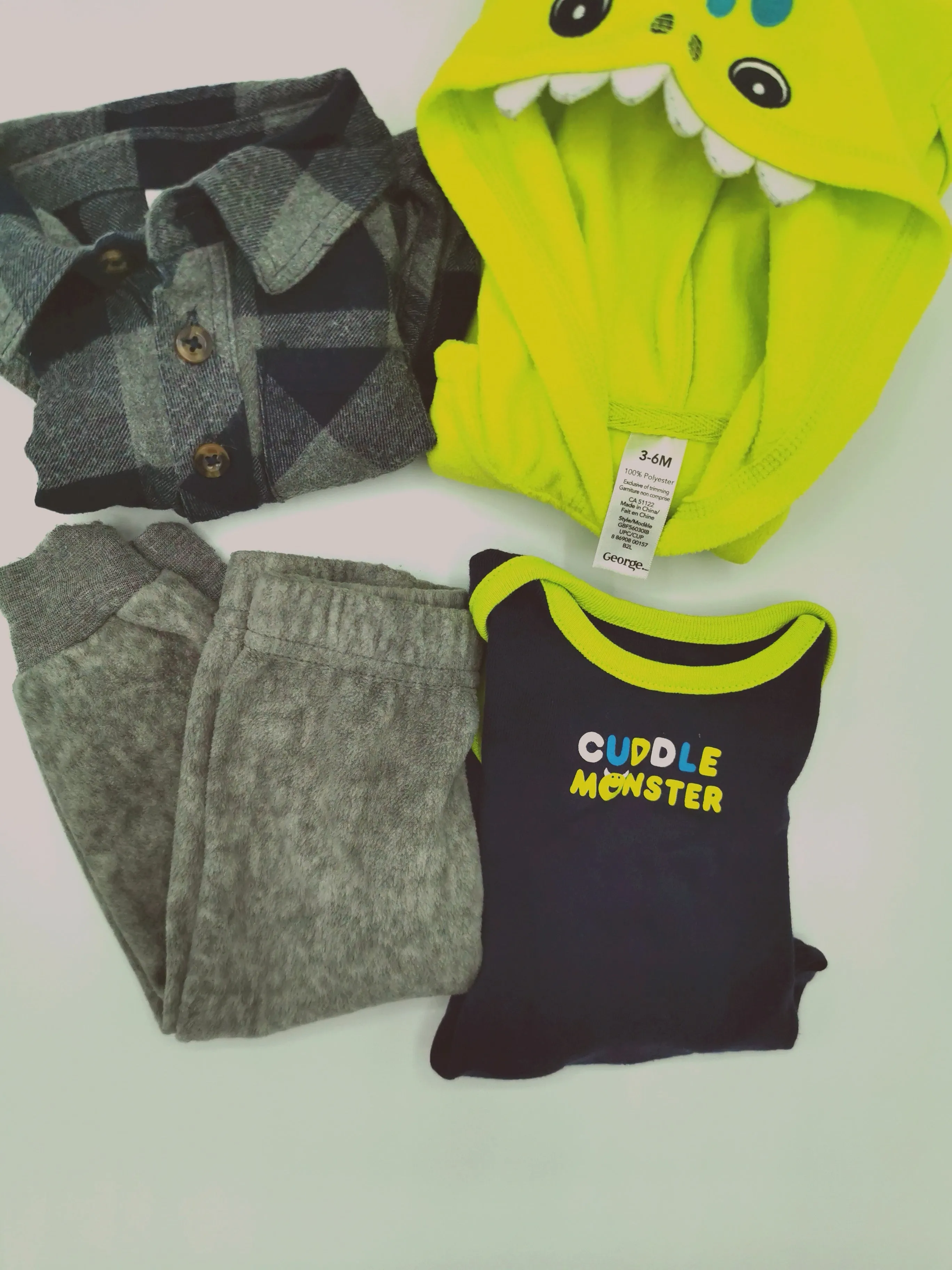 BABY BOY SIZE 3/6 MONTHS - GEORGE, 4 Piece Fall Outfit, Fleece & Flannel EUC B18