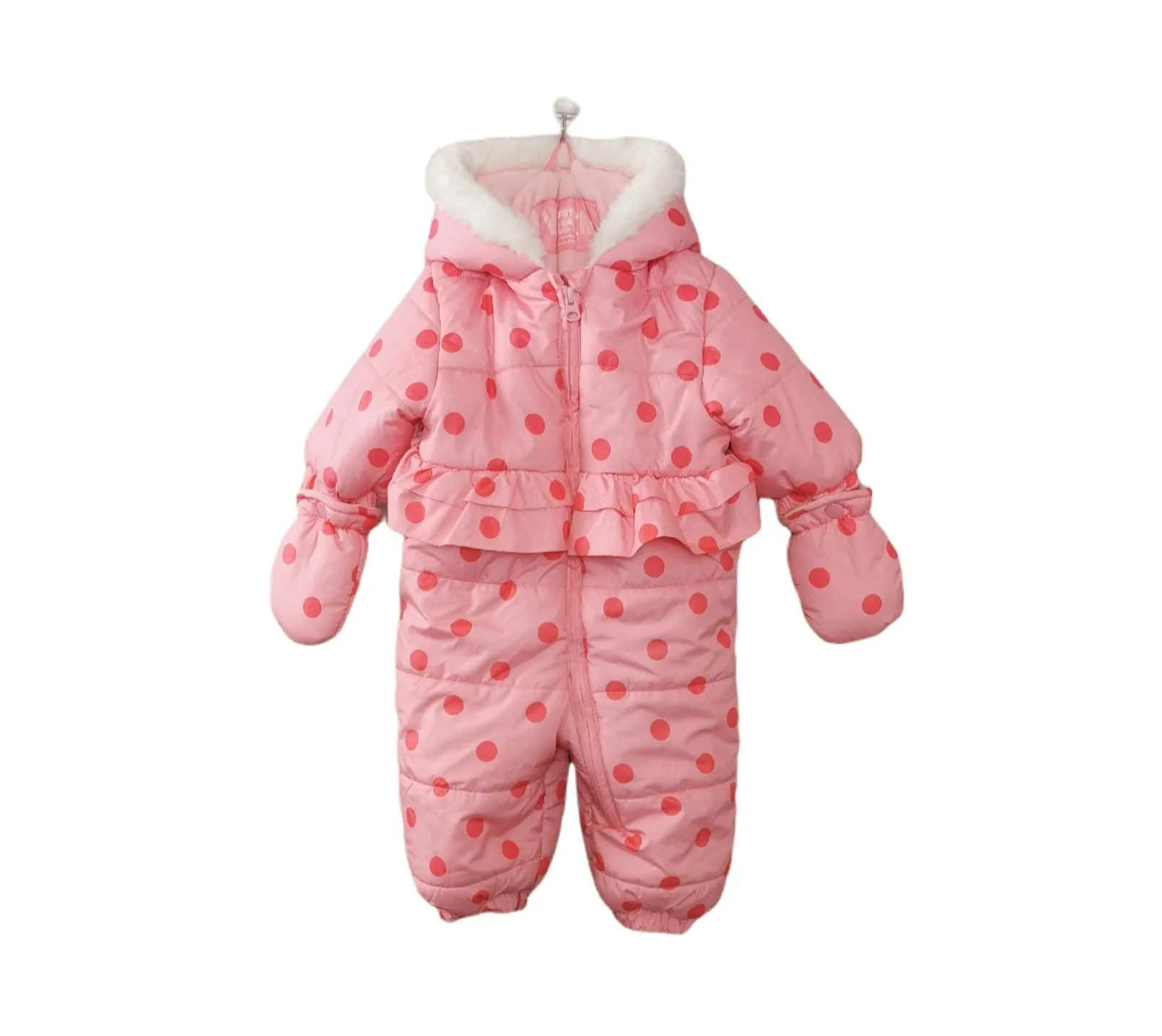 BABY GIRL SIZE 3/6 MONTHS - JOE FRESH, Pink Polkadot Ruffled Snowsuit EUC B27