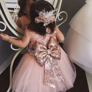 Ball Gown Scoop Pink Tulle Flower Girl Dresses with Lace Sequins Bow Knot, QB0081