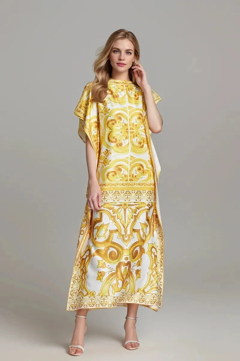 Beach Vacation Vintage Print Batwing Dress