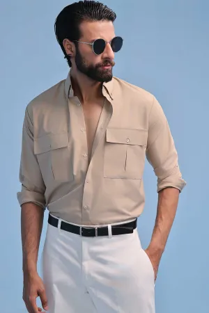 Beige Cotton Dress Shirt With Chest Pockets