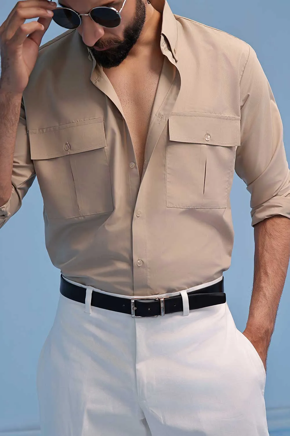 Beige Cotton Dress Shirt With Chest Pockets