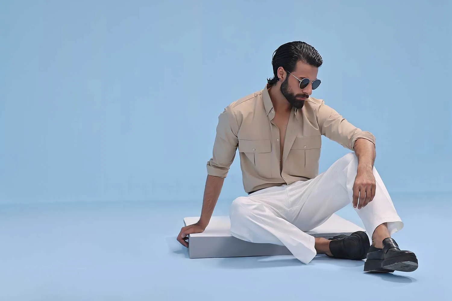 Beige Cotton Dress Shirt With Chest Pockets