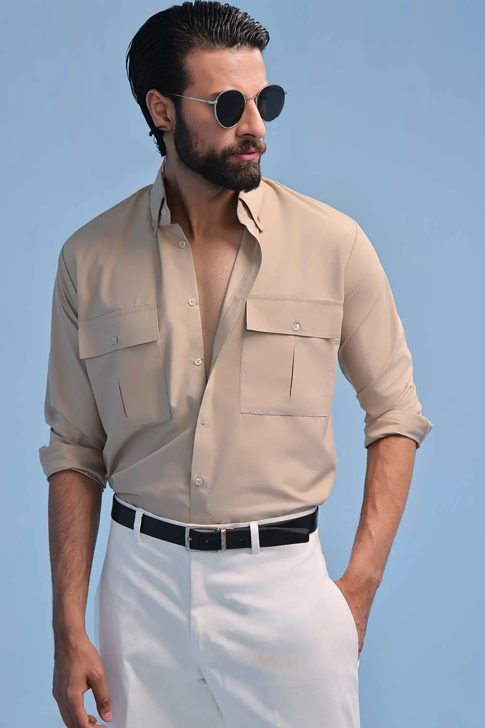 Beige Cotton Dress Shirt With Chest Pockets