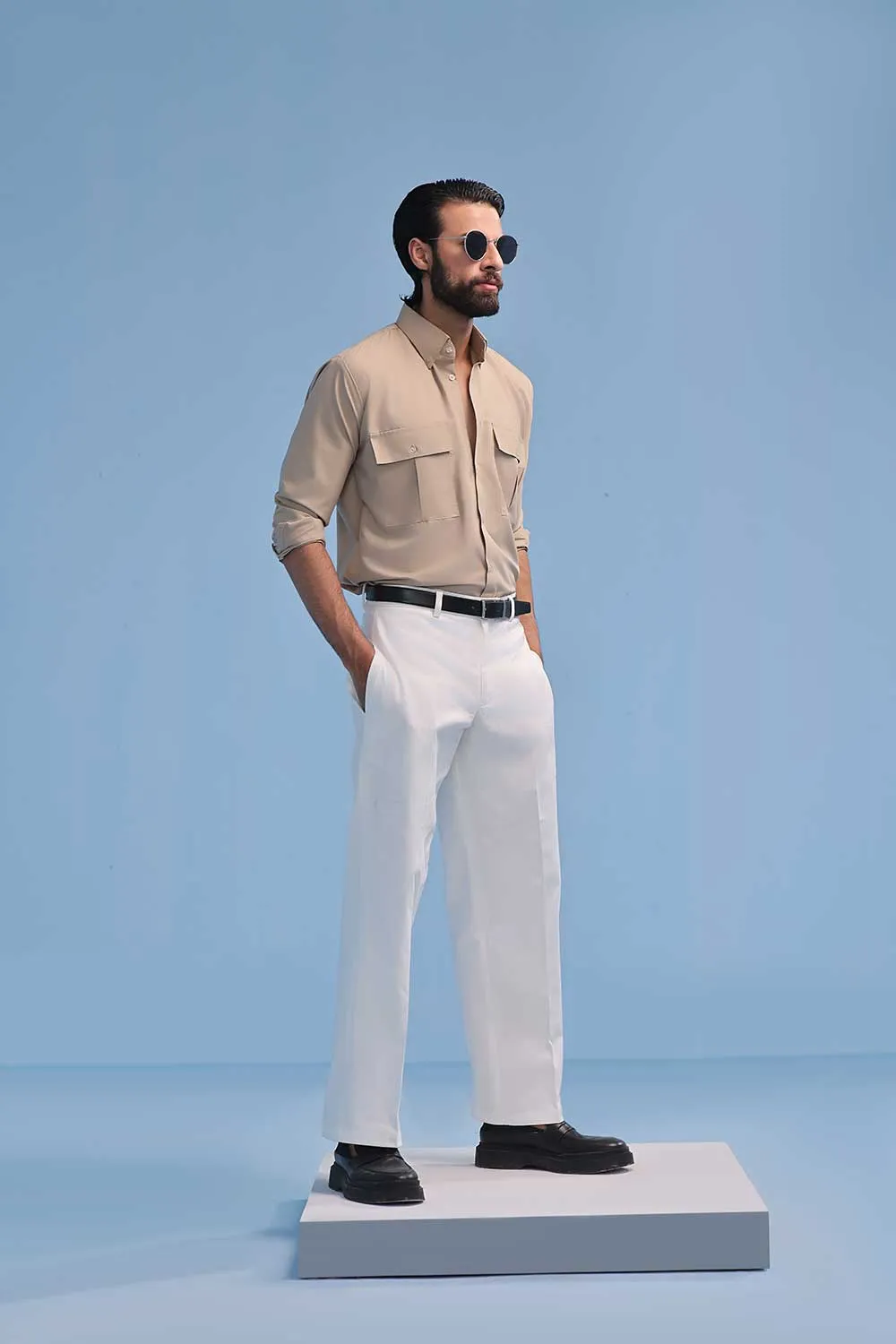 Beige Cotton Dress Shirt With Chest Pockets