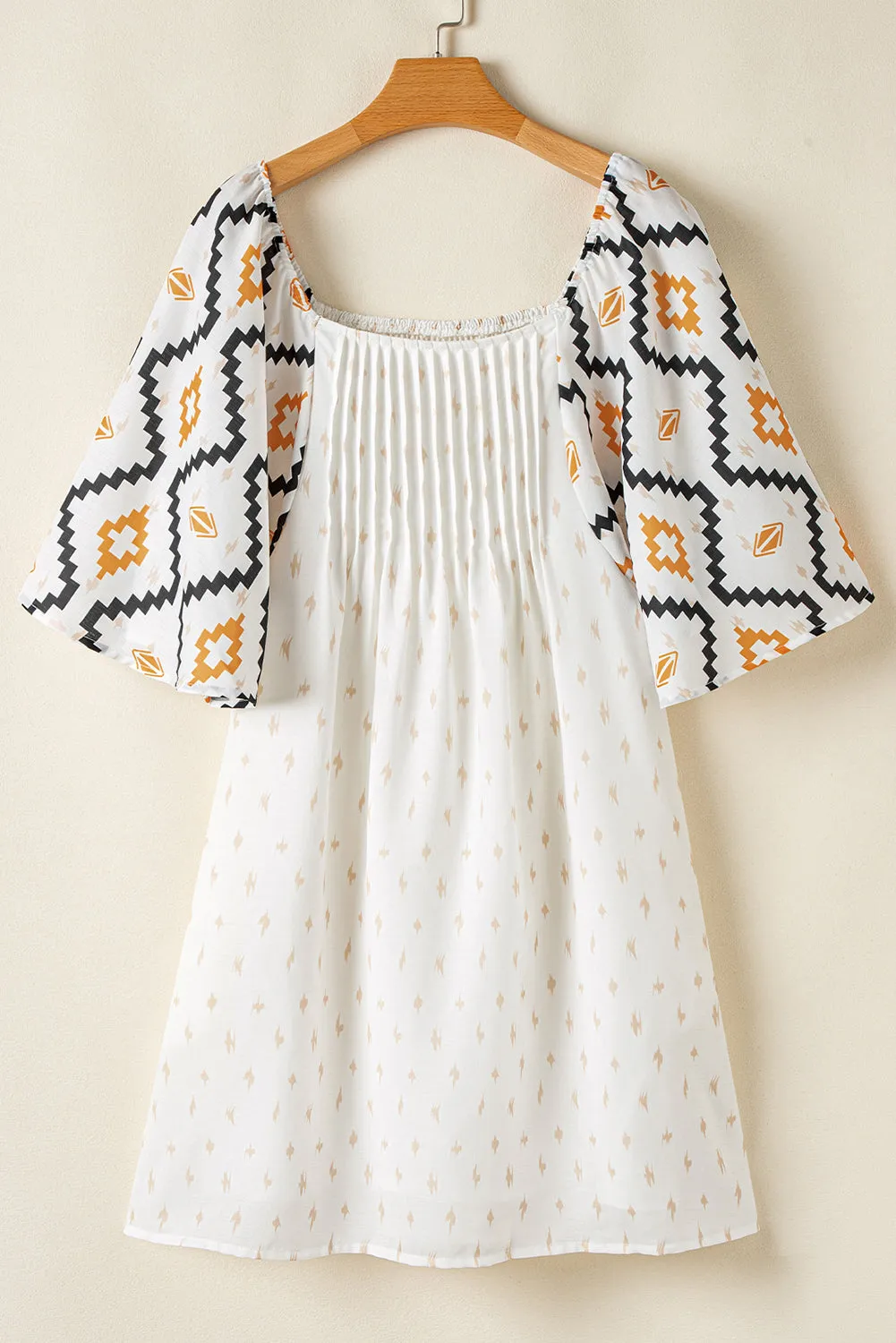 Beige Western Aztec Print Pleated Square Neck Loose Mini Dress
