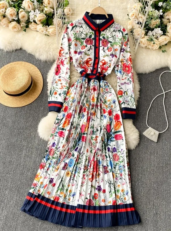 BerryBetty - Elegant Long Sleeve Floral Printed Loose Pleated Dress