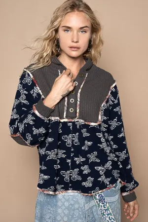 Black Butterfly Waffle-Knit Half Button Hooded Knit Top