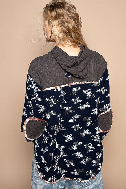 Black Butterfly Waffle-Knit Half Button Hooded Knit Top