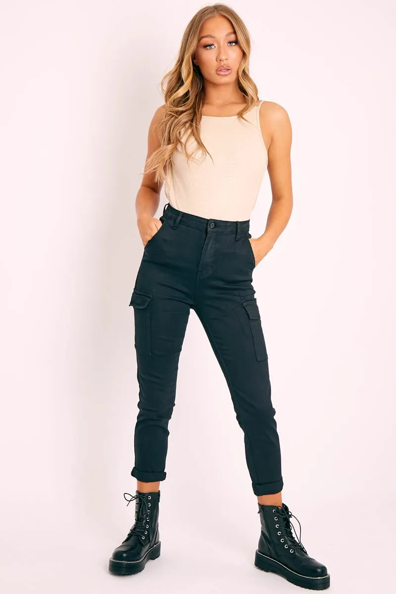 Black Cargo Roll Hem Jeans - Makaria