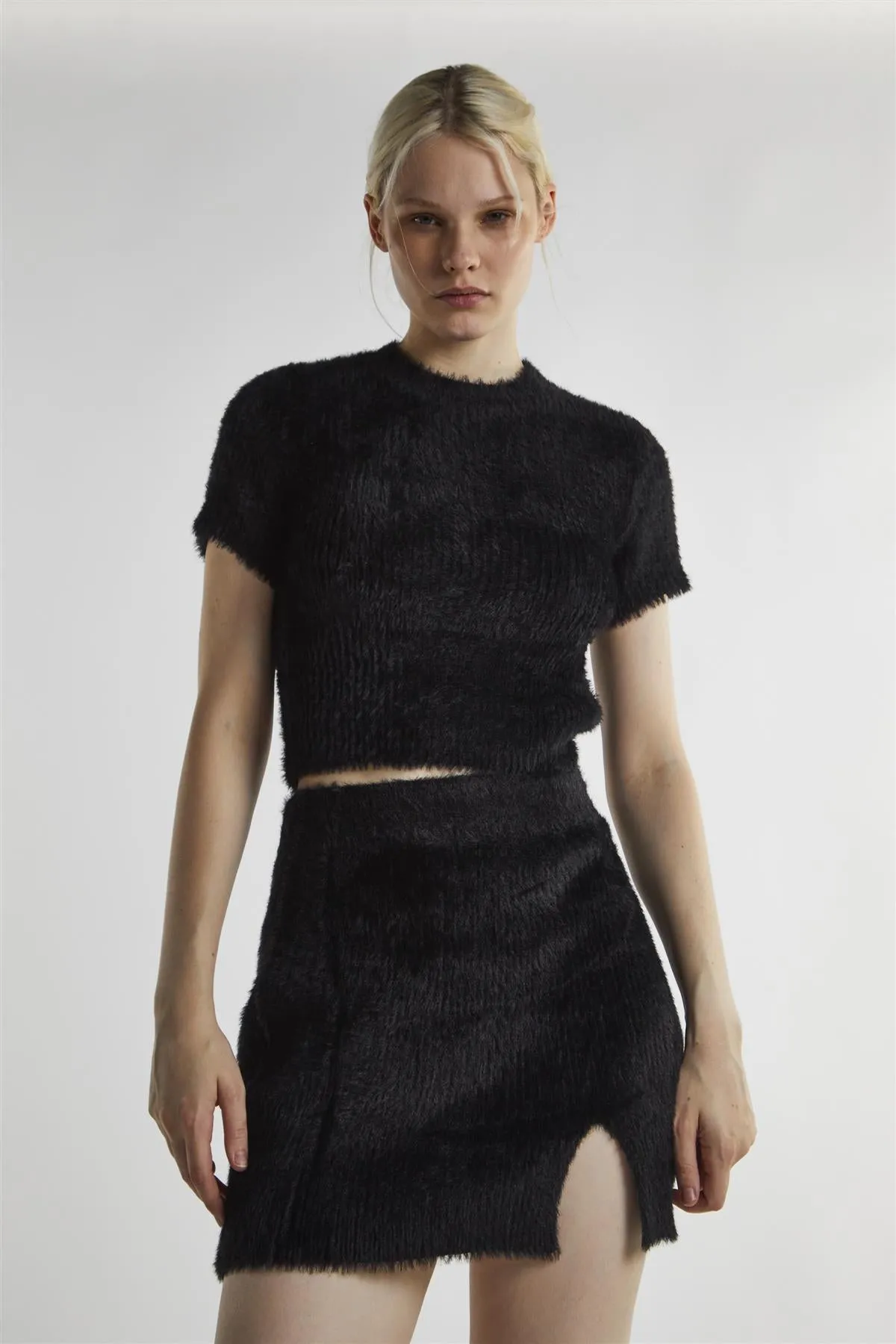 Black Fluffy-Knit Mini-Skirt