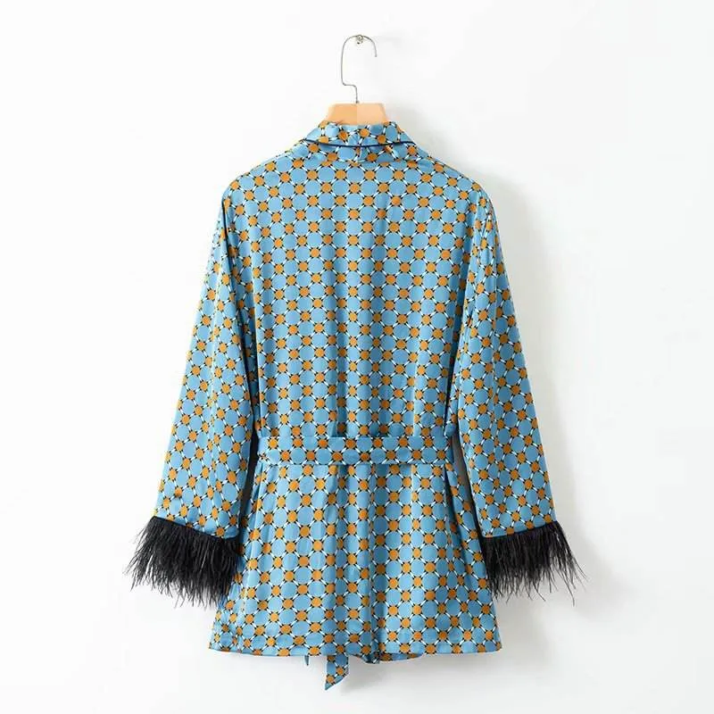 Blue Printed Kimono suit With Feather Sleeves