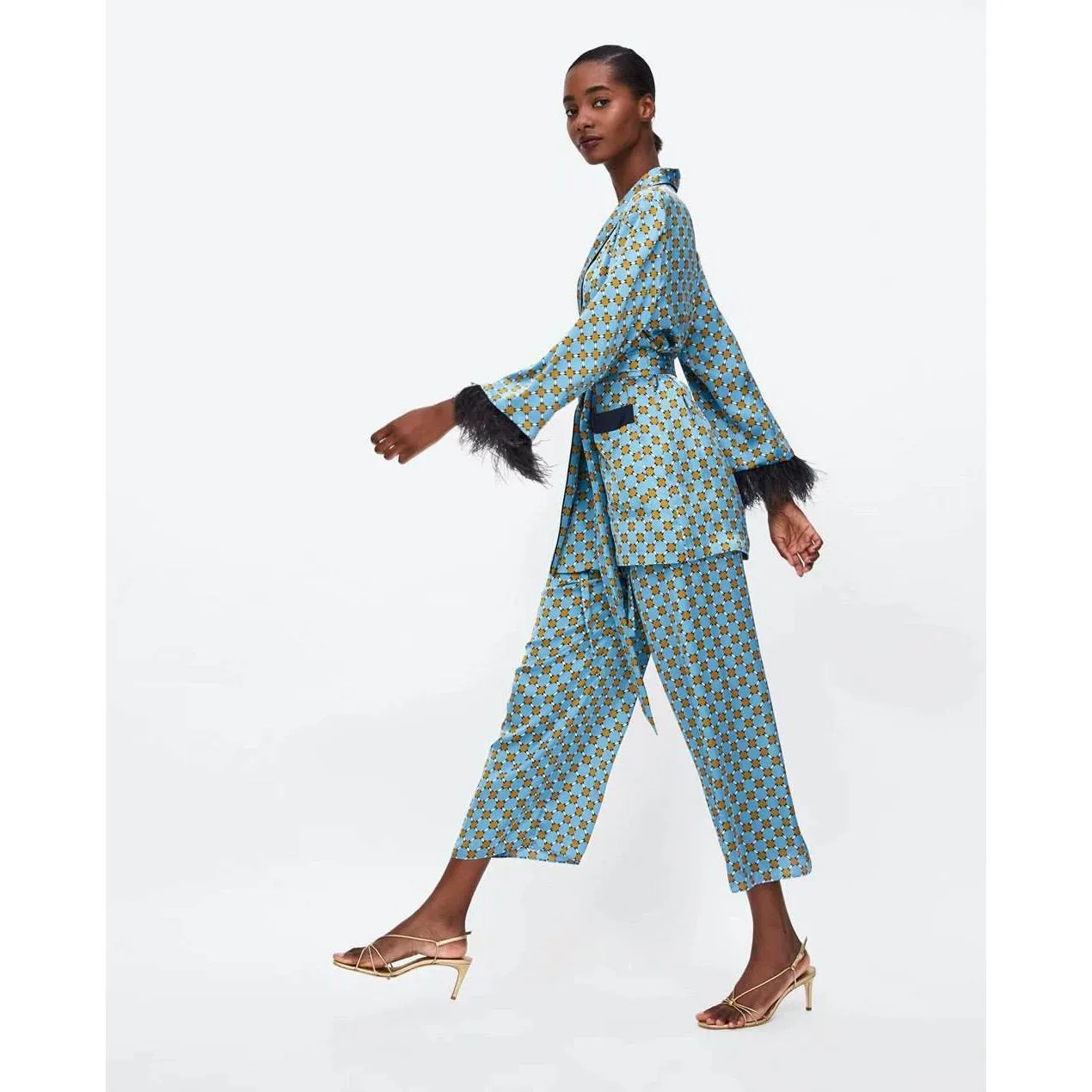 Blue Printed Kimono suit With Feather Sleeves