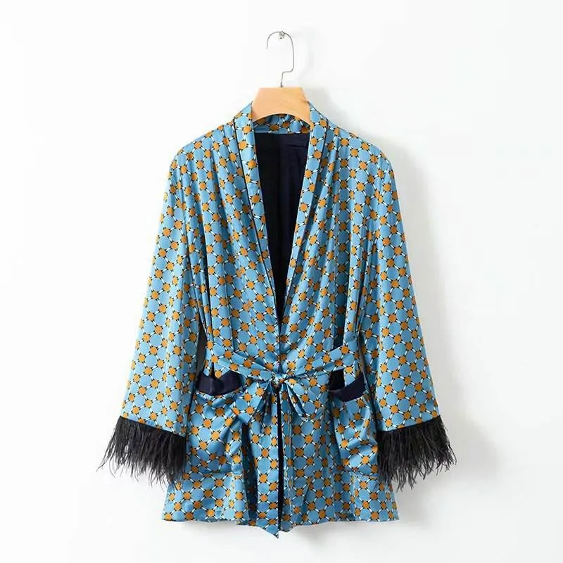 Blue Printed Kimono suit With Feather Sleeves