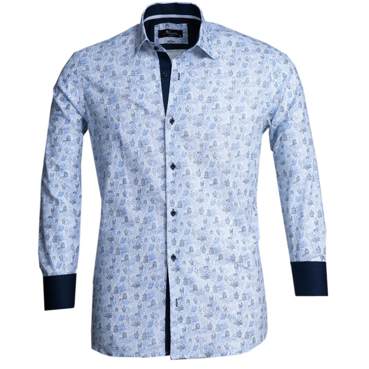 Blue Printed Mens Slim Fit Designer Dress Shirt - tailored Cotton Shirts for Work and Casual Wear