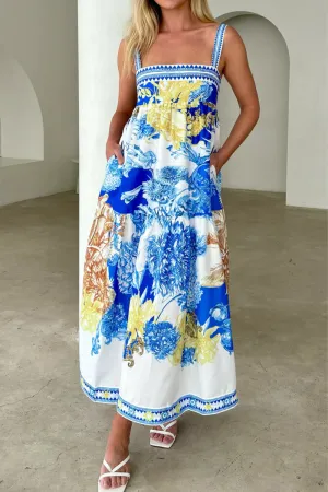 Boho Floral Print Pocket Contrast Square Neck Sling Dresses