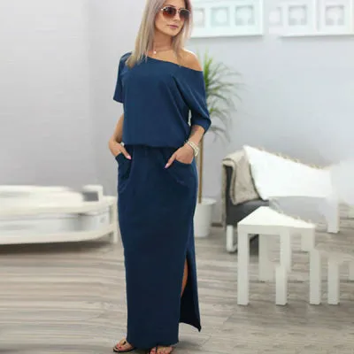 Boho Short Sleeve Side Slit Maxi Dress