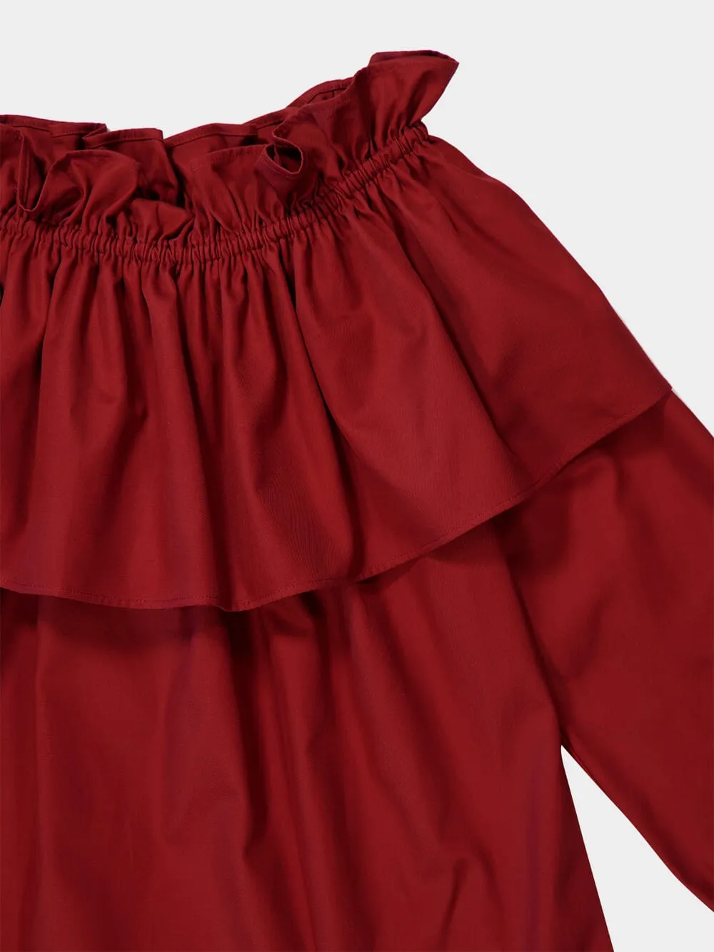 Bordeaux Off-the-Shoulder Ruffled Cotton Twill Dress