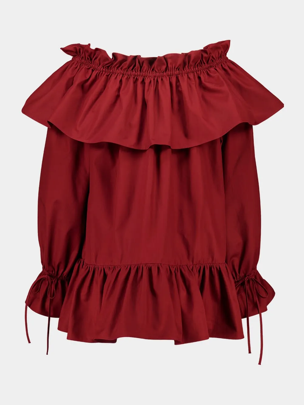 Bordeaux Off-the-Shoulder Ruffled Cotton Twill Dress